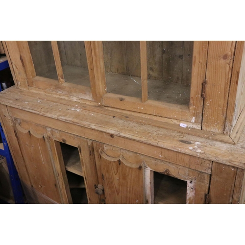 628 - Early 19th century Irish Pine Dresser, with glazed doors to upper section and two cupboard doors to ... 