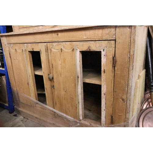 628 - Early 19th century Irish Pine Dresser, with glazed doors to upper section and two cupboard doors to ... 