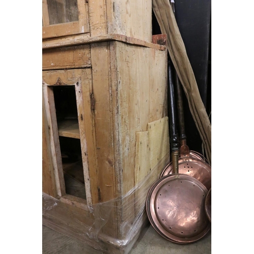 628 - Early 19th century Irish Pine Dresser, with glazed doors to upper section and two cupboard doors to ... 