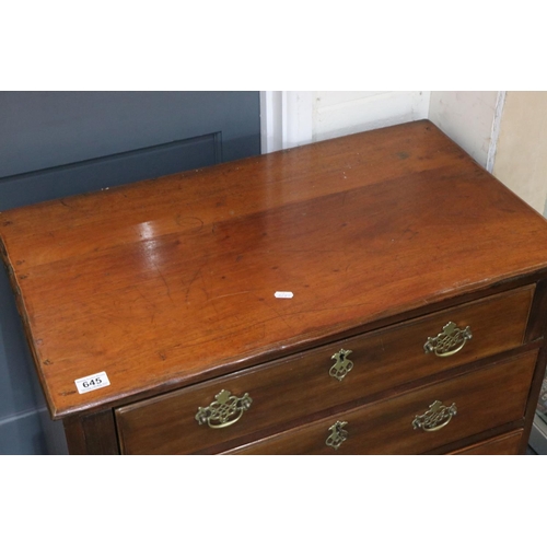 645 - 19th century mahogany chest of three long drawers on bracket feet, 79cm wide x 45cm deep x 72cm high