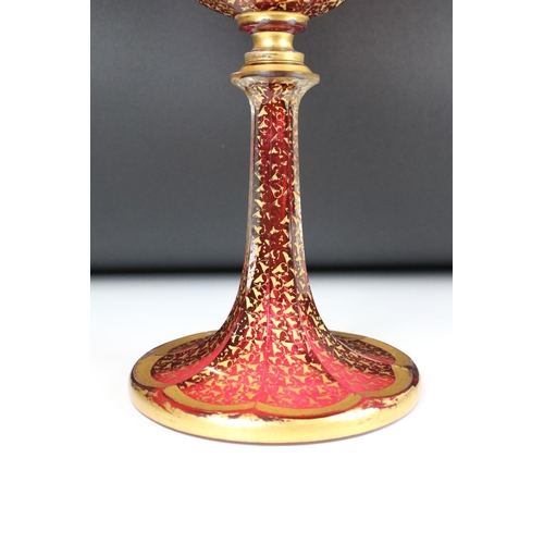1 - 19th century Moser style Cranberry Glass Pedestal Bowl with gilt enamelled panels and all over trail... 