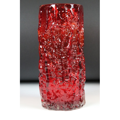 12 - Whitefriars Glass Ruby Red Textured Bark Vase, pattern no. 9691, 23.5cm high