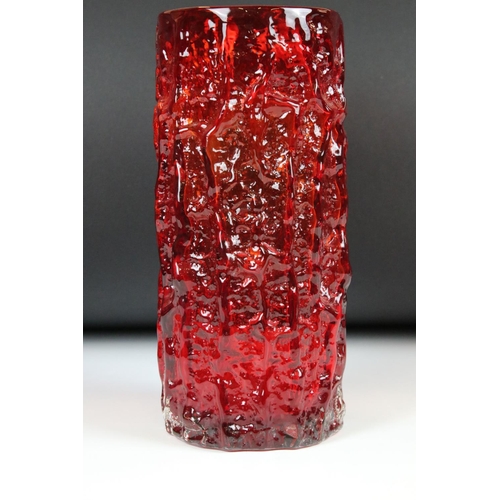 12 - Whitefriars Glass Ruby Red Textured Bark Vase, pattern no. 9691, 23.5cm high