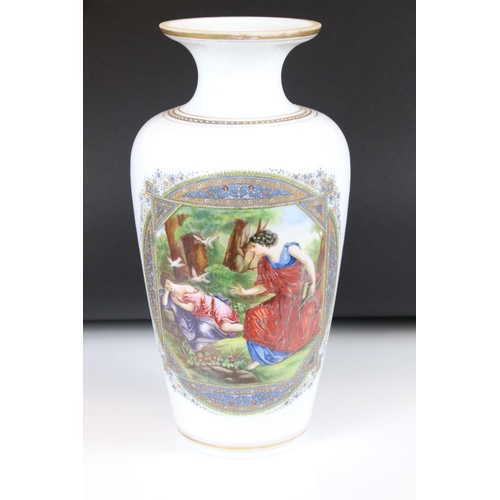13 - Large 19th century Opaque Glass Vase decorated with a panel of two classical figures in a woodland  ... 