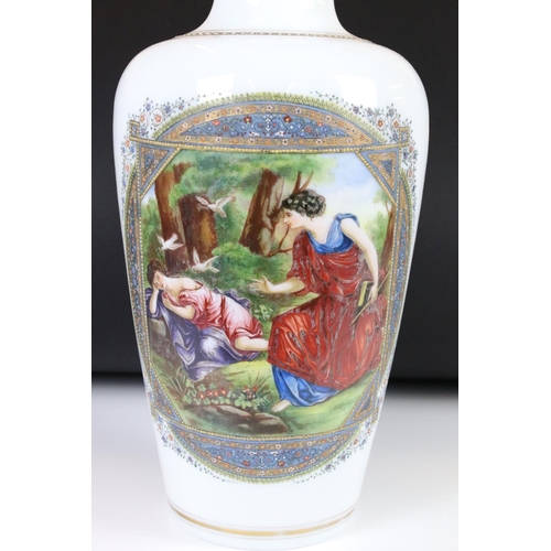 13 - Large 19th century Opaque Glass Vase decorated with a panel of two classical figures in a woodland  ... 