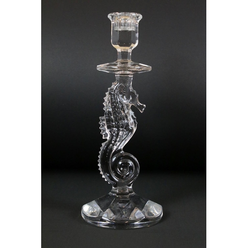 17 - Pair of Waterford Crystal Glass Candlesticks in the form of Seahorses, etched marks to base, 29.5cm ... 