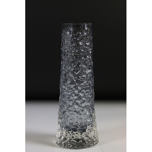 40 - Whitefriars Glass Sage Textured Bark Cylinder Vase, pattern no. 9689, 15cm high together with Whitef... 