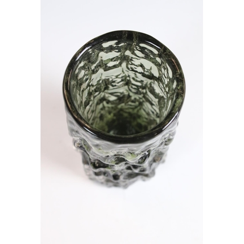 40 - Whitefriars Glass Sage Textured Bark Cylinder Vase, pattern no. 9689, 15cm high together with Whitef... 