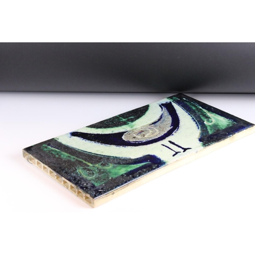 43 - Mid century Ceramic Plaque / Tile with hand painted abstract decoration of a Dove, 25cm x 50cm