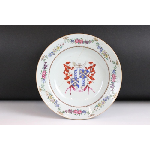 44 - Chinese export porcelain - a side plate with the arms of an eminent family, cracked, approx. 23cm di... 
