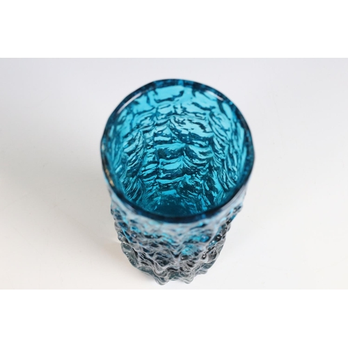 49 - Whitefriars Glass Kingfisher Blue Textured Bark Cylinder Vase, pattern no. 9690, 19cm high