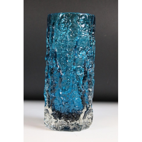 49 - Whitefriars Glass Kingfisher Blue Textured Bark Cylinder Vase, pattern no. 9690, 19cm high