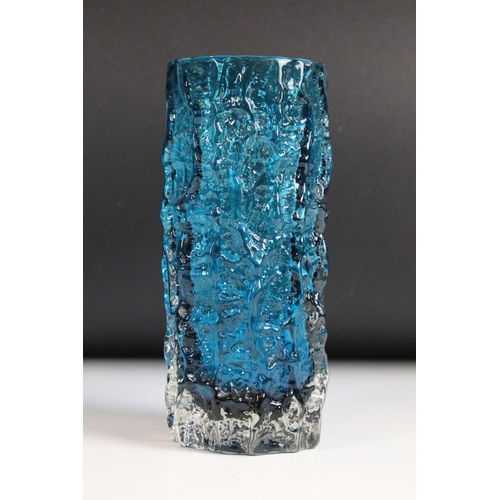 49 - Whitefriars Glass Kingfisher Blue Textured Bark Cylinder Vase, pattern no. 9690, 19cm high