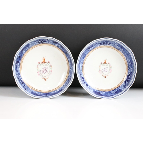 50 - Pair of Chinese export armorial deep saucer dishes, with shield enscribed ' Anchor Fast Anchor, ' ap... 