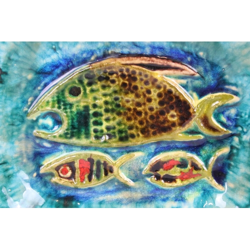 52 - Mid century ' Schramberg ' Pottery Dish decorated with Fish, also marked SMF to base, 24cm long