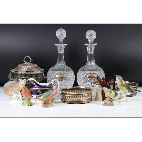 61 - Mixed Lot including a Pair of Glass Decanters with Stoppers, a Pair of Silver Decanter Labels (Sherr... 