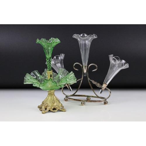 67 - Green Glass Single Stem Epergne with frilled edge and gilt metal stand, 26cm high together with Thre... 