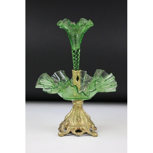 67 - Green Glass Single Stem Epergne with frilled edge and gilt metal stand, 26cm high together with Thre... 