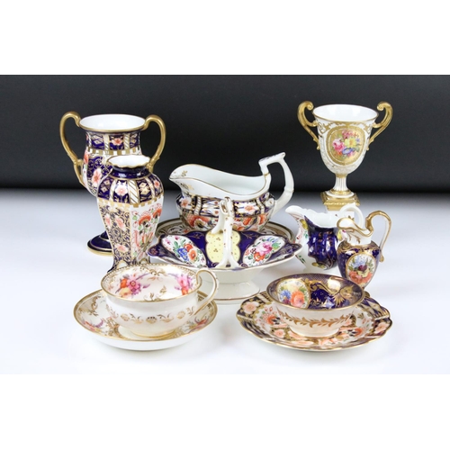 70 - Royal Crown Derby twin handled urn, together with other richly decorated English porcelain