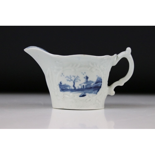 77 - Small Worcester blue and white cream boat, painted with ' Bare Tree Pagoda ' pattern, chip to unders... 