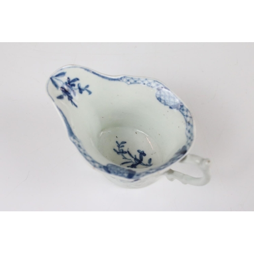 77 - Small Worcester blue and white cream boat, painted with ' Bare Tree Pagoda ' pattern, chip to unders... 