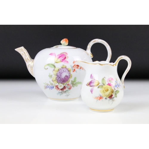 79 - Meissen porcelain tea pot with floral sprays, a butterfly & insect, height approx. 10.25cm, with a m... 