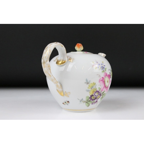 79 - Meissen porcelain tea pot with floral sprays, a butterfly & insect, height approx. 10.25cm, with a m... 