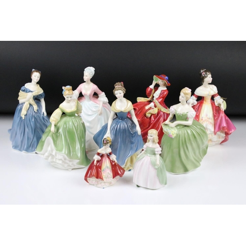 89 - Nine Royal Doulton figures to include: HN3266 'Diana', signed 'Michael Doulton 19 July 1990', HN2229... 