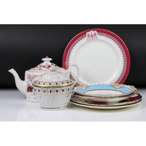 91 - 19th century English porcelain oval teapot, pattern 421, a pair of Grainger & Co plates & other Engl... 
