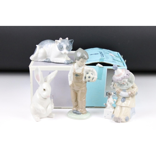 95 - Two Lladro figures, comprising: 5279 'Pierrot with Concertina', 5907 'Sitting Bunny' and two Nao fig... 