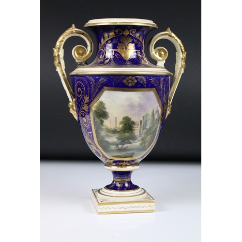 110 - Crown Derby porcelain garniture, the larger twin handled urn decorated with a ' View of Derby, ' the... 