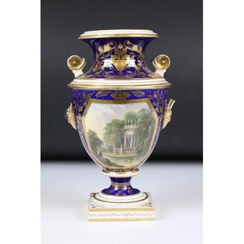 110 - Crown Derby porcelain garniture, the larger twin handled urn decorated with a ' View of Derby, ' the... 