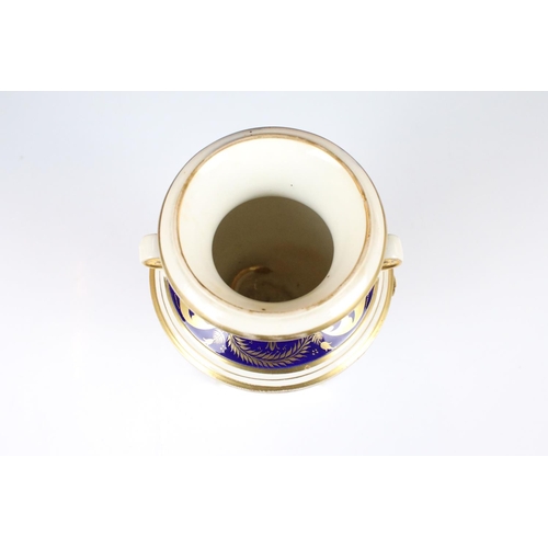 110 - Crown Derby porcelain garniture, the larger twin handled urn decorated with a ' View of Derby, ' the... 