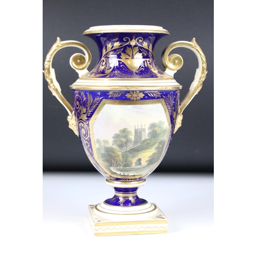 110 - Crown Derby porcelain garniture, the larger twin handled urn decorated with a ' View of Derby, ' the... 