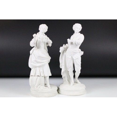 111 - Pair of Late 19th / Early 20th Century Parian Ware figures, depicting a Regency couple enjoying a bo... 