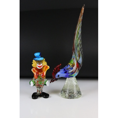119 - Large Murano Coloured Glass Bird, 44cm high together with a Murano Coloured Glass Clown, 22cm high