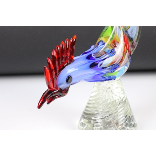 119 - Large Murano Coloured Glass Bird, 44cm high together with a Murano Coloured Glass Clown, 22cm high