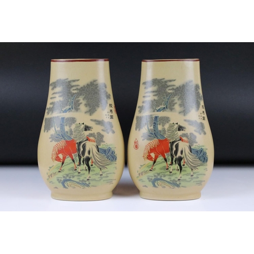 120 - Pair of Japanese Ceramic Flattened Baluster Vases decorated with Horses and text, 30cm high together... 