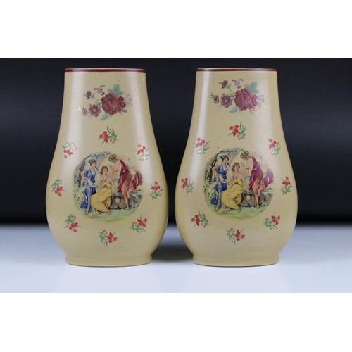 120 - Pair of Japanese Ceramic Flattened Baluster Vases decorated with Horses and text, 30cm high together... 