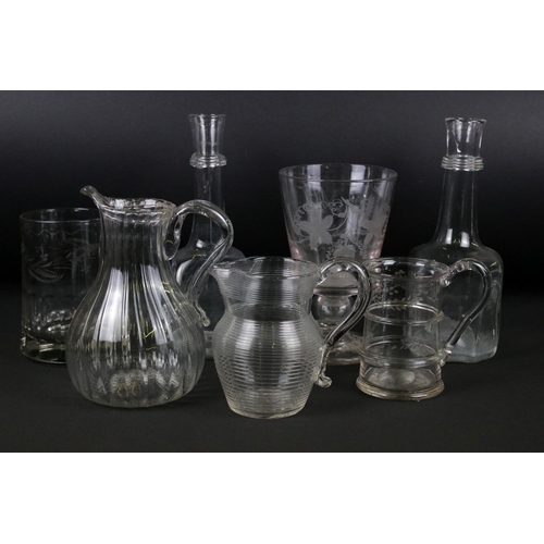 128 - 19th century glass tankard engraved ' E Barrett ' & dated 1847, with other interesting early glass