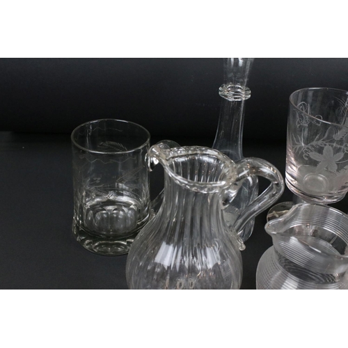 128 - 19th century glass tankard engraved ' E Barrett ' & dated 1847, with other interesting early glass