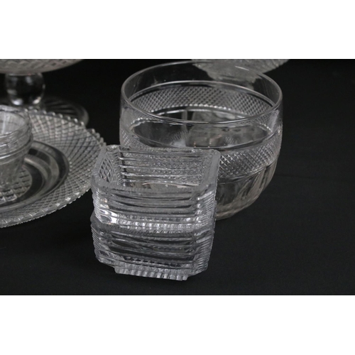 129 - Pair of Regency glass comports, another similar smaller & other 19th century glass with hobnail deco... 