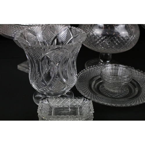 129 - Pair of Regency glass comports, another similar smaller & other 19th century glass with hobnail deco... 