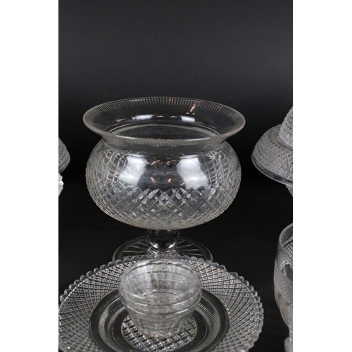 129 - Pair of Regency glass comports, another similar smaller & other 19th century glass with hobnail deco... 