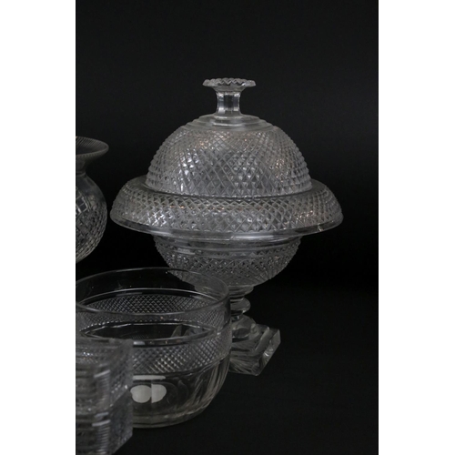 129 - Pair of Regency glass comports, another similar smaller & other 19th century glass with hobnail deco... 
