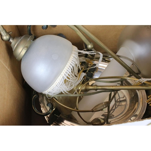 317 - A box of mixed collectables to include light fittings, oil lamp and silver plate.