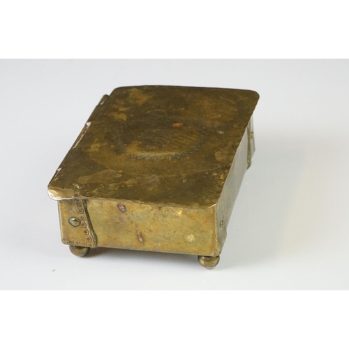 138 - Arts and Crafts Brass Box of rectangular form, the hinged lid opening to a wooden lined interior, ra... 
