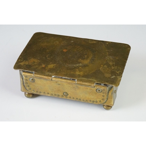 138 - Arts and Crafts Brass Box of rectangular form, the hinged lid opening to a wooden lined interior, ra... 