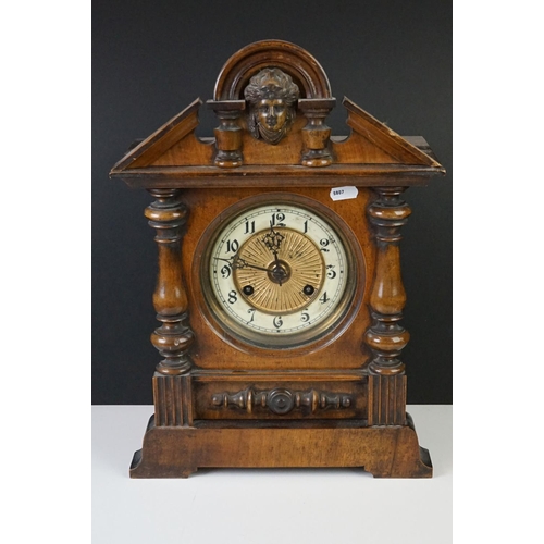 140 - Early 20th century Walnut Mantle Clock, 8 day, the white enamel and gilt face with Arabic numerals, ... 