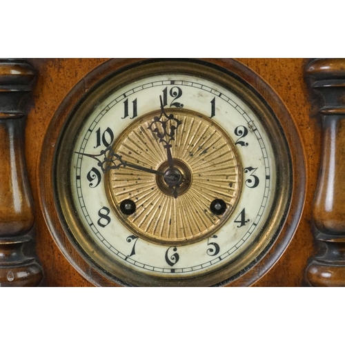 140 - Early 20th century Walnut Mantle Clock, 8 day, the white enamel and gilt face with Arabic numerals, ... 